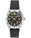 yz FT[` Y rv ANZT[ Men's Swiss Greca Time GMT Black Leather Strap Watch 41mm Stainless Steel