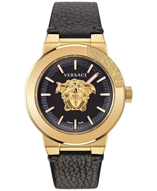 ヴェルサーチ 腕時計（メンズ） 【送料無料】 ヴェルサーチ メンズ 腕時計 アクセサリー Men's Swiss Medusa Infinite Black Leather Strap Watch 47mm Ip Yellow Gold