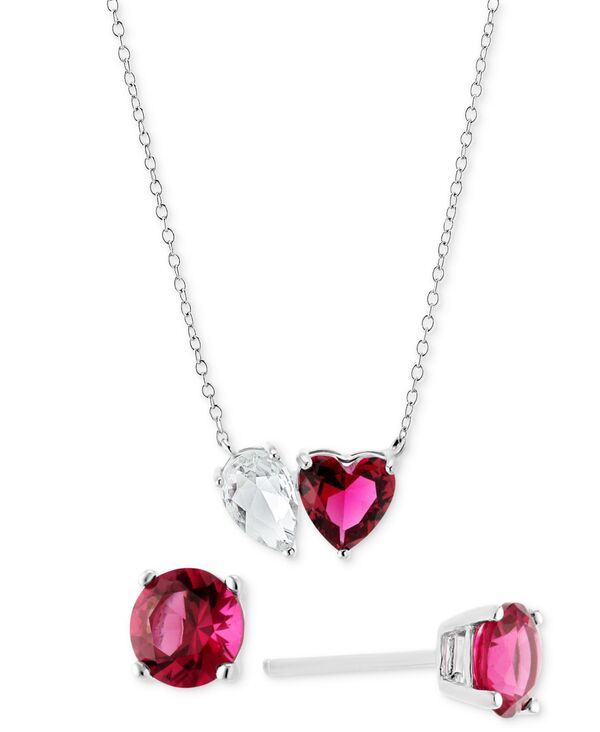 yz W[j xj[j fB[X lbNXE`[J[Ey_ggbv ANZT[ 2-Pc. Set Cubic Zirconia Pear & Heart Pendant Necklace & Round Stud Earrings in Sterling Silver Red