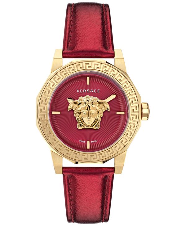 【送料無料】 ヴェルサーチ レディース 腕時計 アクセサリー Women's Swiss Medusa Deco Red Leather Strap Watch 38mm Ip Yellow Gold