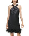 yz GUWFC fB[X s[X gbvX Women's Twist-Neck Feather-Trim Shift Dress Black