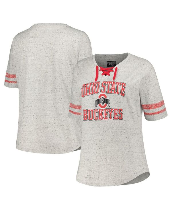 yz vt@C fB[X TVc gbvX Women's Heather Gray Ohio State Buckeyes Plus Size Striped Lace-Up T-shirt Heather Gray