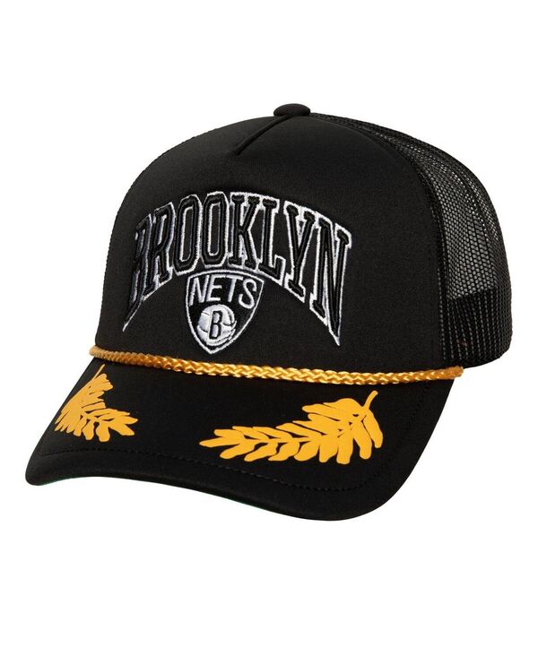 ミッチェル＆ネス 【送料無料】 ミッチェル&ネス メンズ 帽子 アクセサリー Men's Black Brooklyn Nets Hardwood Classics Gold Leaf Mesh Trucker Snapback Hat Black