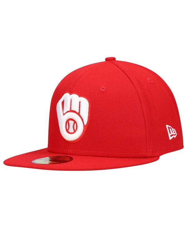 【送料無料】 ニューエラ メンズ 帽子 アクセサリー Men's Red Milwaukee Brewers Logo White 59FIFTY Fitted Hat Red
