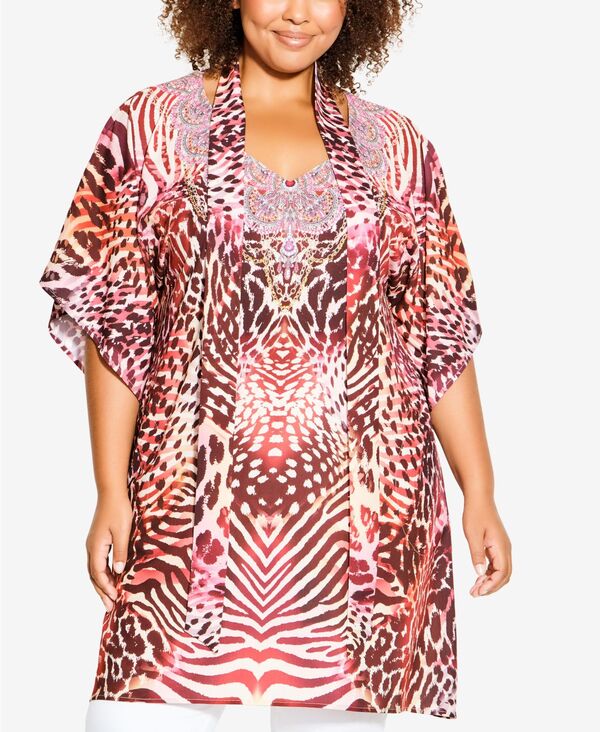 yz Axj[ fB[X Vc gbvX Plus Size Retreat Beaded Tunic Top Sunset Animal