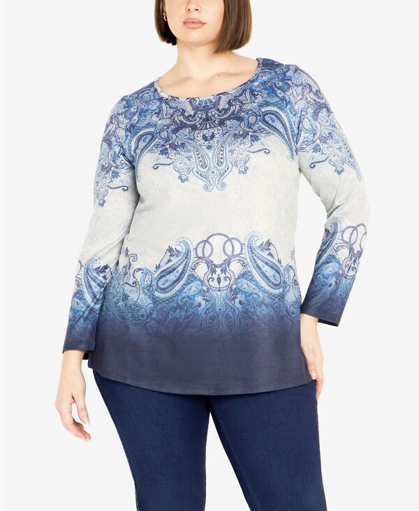  アベニュー レディース シャツ トップス Plus Size Callie Placement Long Sleeve Top Blue Paisley Ornate