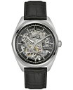 【送料無料】 ブロバ メンズ 腕時計 アクセサリー Men's Automatic Classic Surveyor Black Leather Strap Watch 41mm Silver-tone
