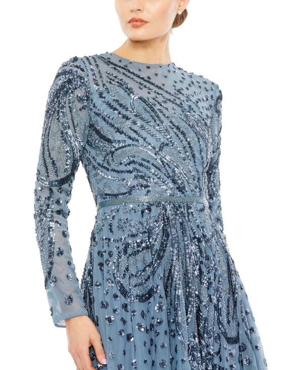 【送料無料】 マックダガル レディース ワンピース トップス Women's Embellished Illusion High Neck Long Sleeve Dress Slate blue