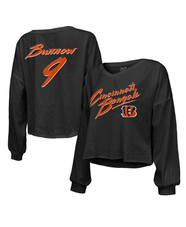 yz }WFXeBbN fB[X TVc gbvX Women's Threads Joe Burrow Black Distressed Cincinnati Bengals Name and Number Off-Shoulder Script Cropped Long Sleeve V-Neck T-shirt Black