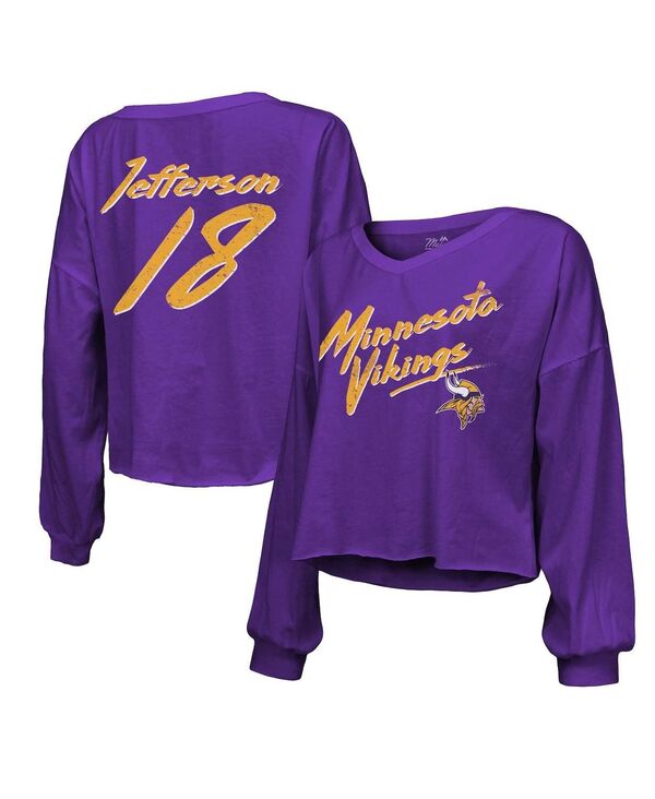 yz }WFXeBbN fB[X TVc gbvX Women's Threads Justin Jefferson Purple Distressed Minnesota Vikings Name and Number Off-Shoulder Script Cropped Long Sleeve V-Neck T-shirt Purple