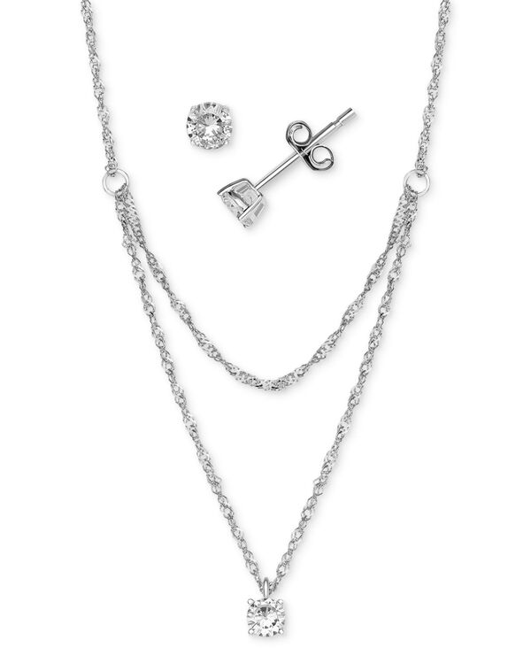 yz W[j xj[j fB[X lbNXE`[J[Ey_ggbv ANZT[ 2-Pc. Set Cubic Zirconia Layered Necklace & Solitaire Stud Earrings in Sterling Silver White