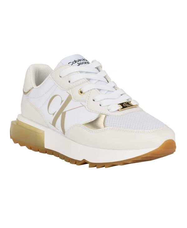 【送料無料】 カルバンクライン レディース スニーカー シューズ Calvin Klein Women's Magalee Casual Logo Lace-Up Sneakers White - Faux Leather and Textile