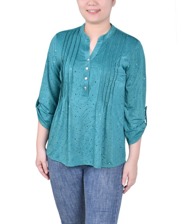 【送料無料】 ニューヨークコレクション レディース シャツ トップス Petite 3/4 Sleeve Roll Tab Y Neck Top Emerald
