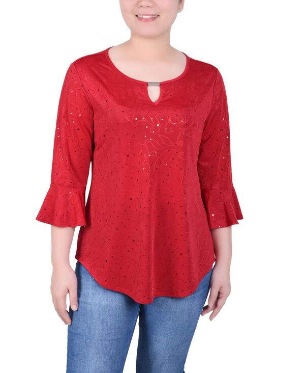 【送料無料】 ニューヨークコレクション レディース シャツ トップス Petite 3/4 Bell Sleeve Top with Hardware Red