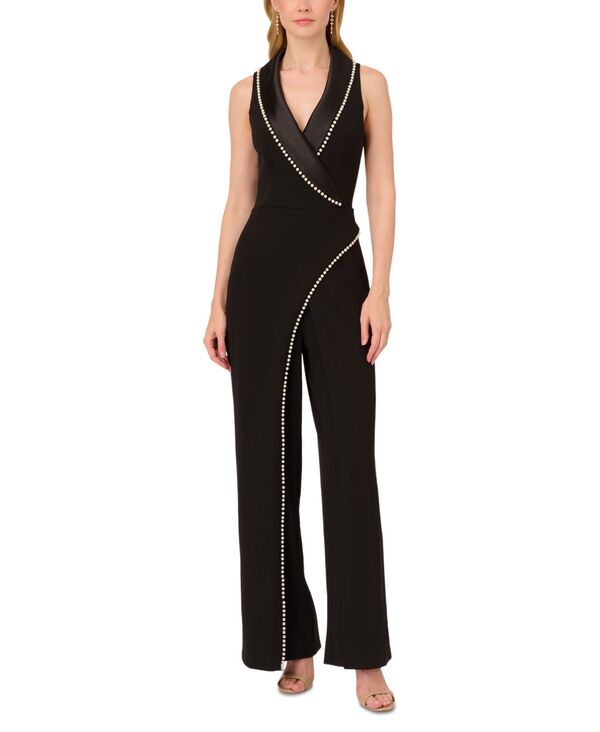 【送料無料】 アドリアナ パペル レディース ジャンプスーツ トップス Women's Imitation Pearl Crepe Tuxedo Jumpsuit Black