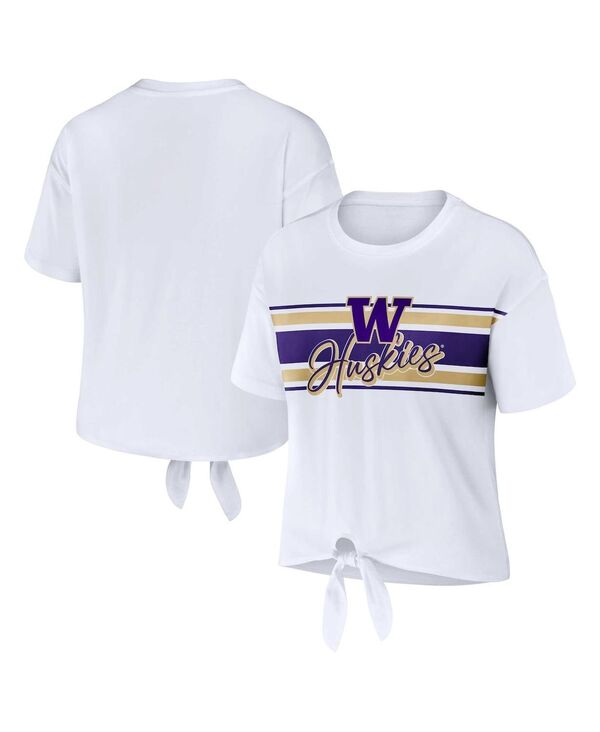 yz EFA oC G Ah[Y fB[X TVc gbvX Women's White Washington Huskies Striped Front Knot Cropped T-shirt White