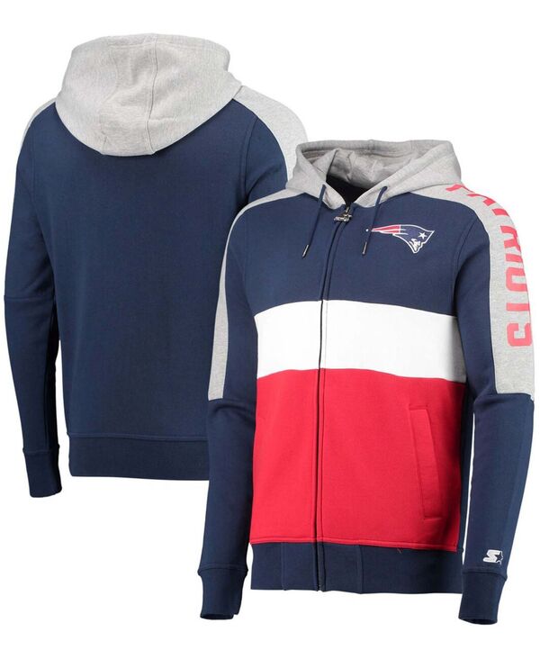 【送料無料】 スターター メンズ パーカー・スウェット フーディー アウター Men's Navy Red New England Patriots Playoffs Color Block Full-Zip Hoodie Navy, Red