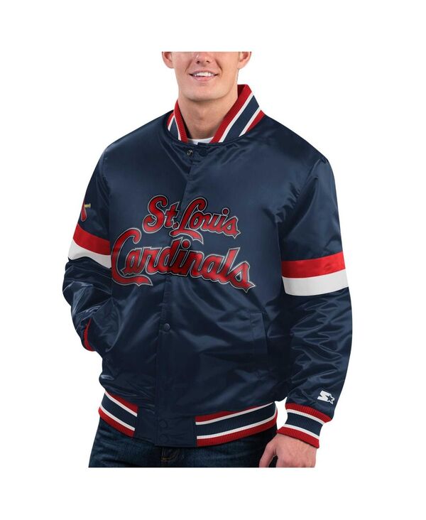 楽天ReVida 楽天市場店スターター メンズ アウター ジャケット・ブルゾン サテン ジャケット Starter Men's Navy Distressed St. Louis Cardinals Home Game Satin Full-Snap Varsity Jacket Navy ネイビー