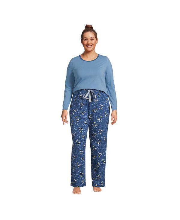 【送料無料】 ランズエンド レディース ナイトウェア アンダーウェア Women 039 s Plus Size Knit Pajama Set Long Sleeve T-Shirt and Pants Evening blue starry night cow