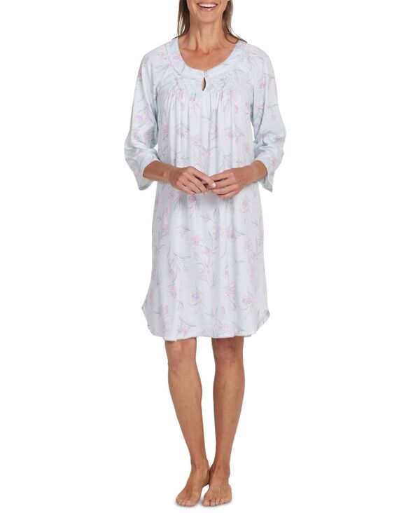 【送料無料】 ミス エレーン レディース ナイトウェア アンダーウェア Plus Size Long-Sleeve Floral Short Nightgown Aqua/lilac Floral Stems