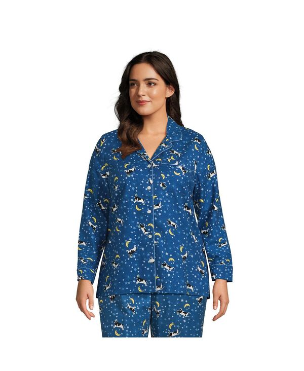 【送料無料】 ランズエンド レディース ナイトウェア アンダーウェア Women 039 s Plus Size Long Sleeve Print Flannel Pajama Top Evening blue starry night cow