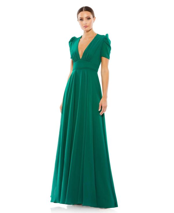 【送料無料】 マックダガル レディース ワンピース トップス Women's Plunge Neck Puff Sleeve Gown Empress green