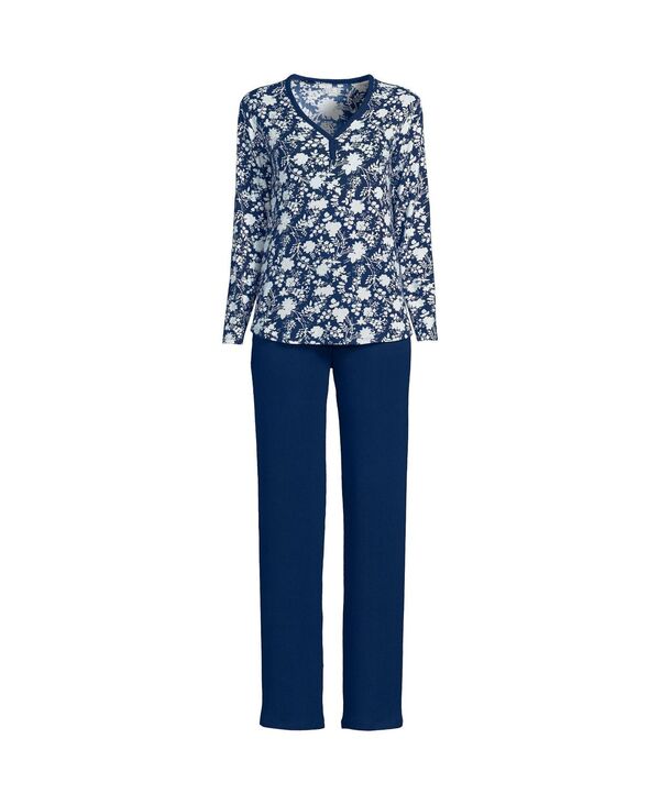 【送料無料】 ランズエンド レディース ナイトウェア アンダーウェア Women 039 s Plus Size Cozy 2 Piece Pajama Set - Long Sleeve Top and Pants Deep sea navy classic floral