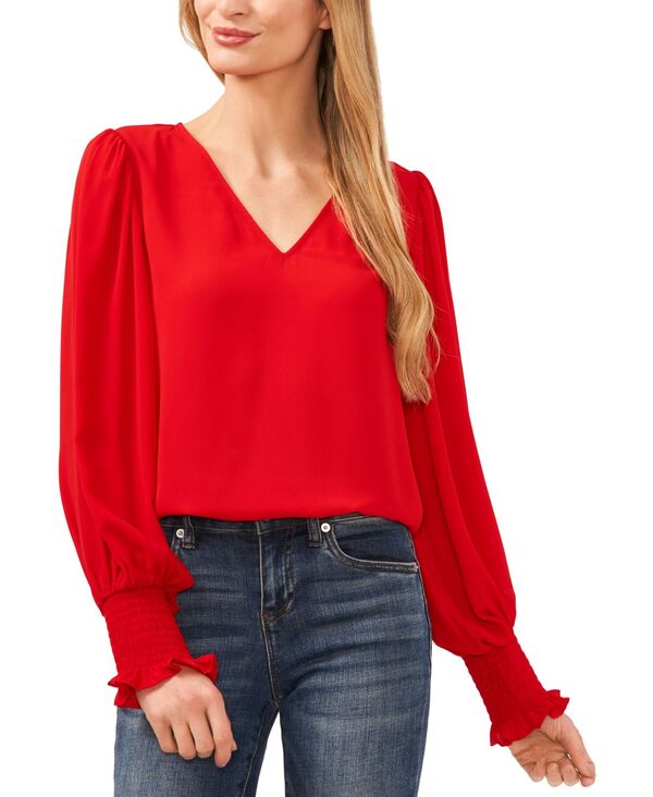 yz ZZ fB[X Vc uEX gbvX Women's Long-Sleeve Smocked-Cuff V-Neck Blouse Lipstick Red