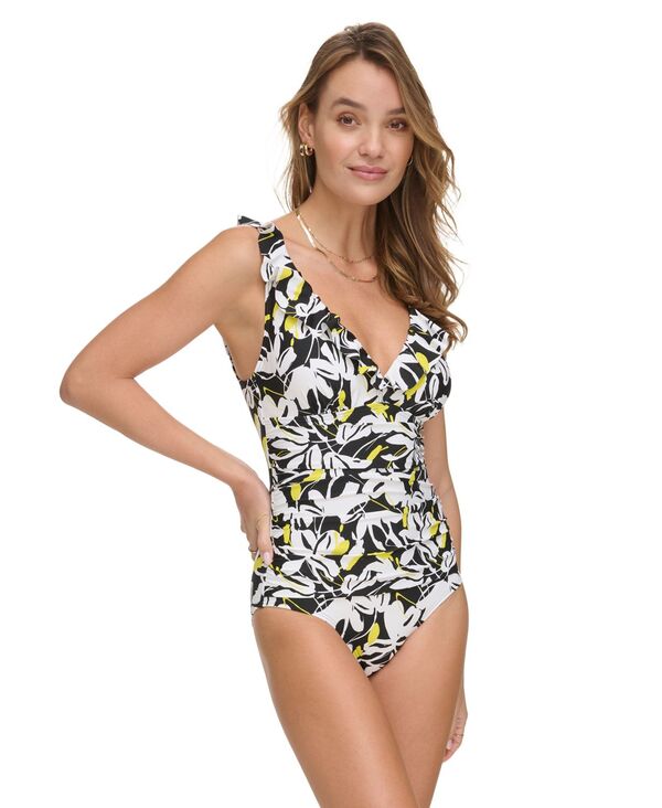 ̵   ˥塼衼 ǥ 岼å  Women's Ruffle Neck One-Piece Swimsuit Fluro Yellow Multi (Smudged Abstract Print)