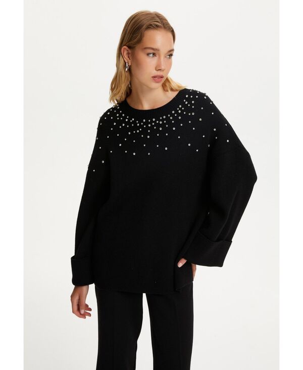  ノクチューン レディース ニット・セーター アウター Women's Crystal Stone Detailed Knit Sweater Black