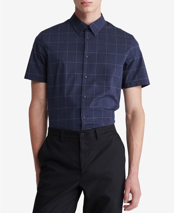 カルバン・クライン 【送料無料】 カルバンクライン メンズ シャツ トップス Men's Slim Fit Tonal Windowpane Short Sleeve Button-Front Shirt Dark Sapphire