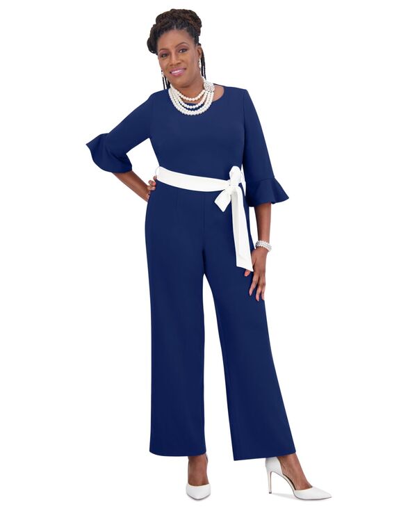 【送料無料】 カスパール レディース ジャンプスーツ トップス Women's Boat-Neck 3/4-Ruffle-Sleeve Jumpsuit Royal Blue