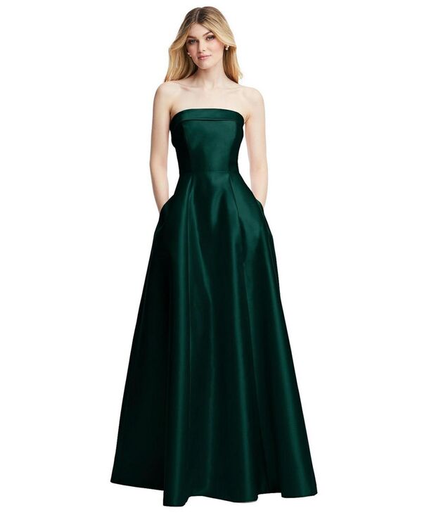 【送料無料】 アルフレッド レディース ワンピース トップス Strapless Bias Cuff Bodice Satin Gown with Pockets Evergreen