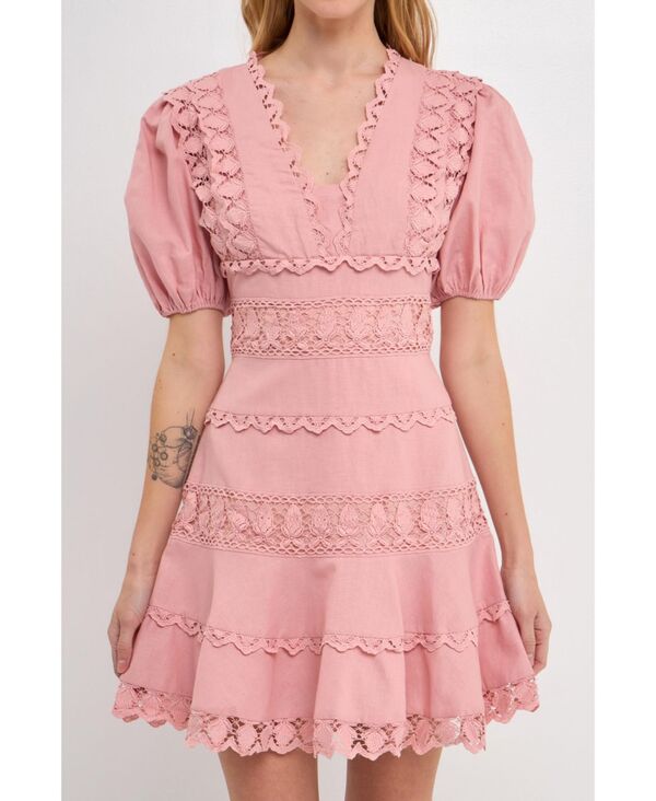 【送料無料】 エンドレスローズ レディース ワンピース トップス Women 039 s Plunging Lace Trim Dress with Puff Sleeve Dusty pink