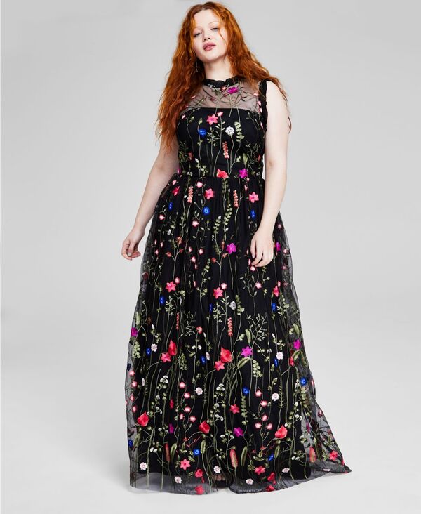 【送料無料】 シティー スタジオ レディース ワンピース トップス Trendy Plus Size Ruffle-Trim Embroidered Gown Black/Jewel