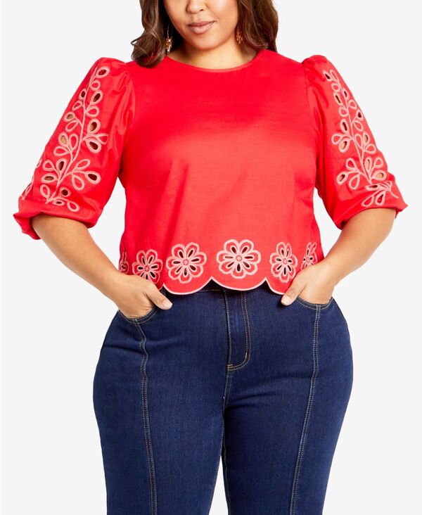 yz Axj[ fB[X Vc gbvX Plus Size Eternal Embroidered Round Neck Top Flame, Pink