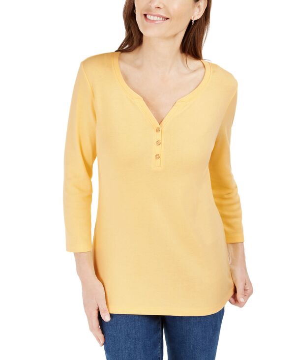 【送料無料】 ケレンスコット レディース シャツ トップス Petite 3/4-Sleeve Henley Shirt Citron Aura