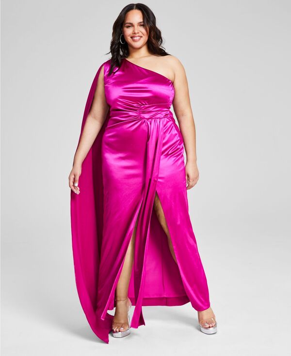 【送料無料】 シティー スタジオ レディース ワンピース トップス Trendy Plus Size Flyaway-Cape Satin Gown Deep Orchid