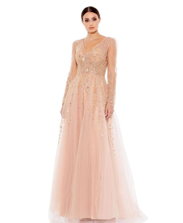 【送料無料】 マックダガル レディース ワンピース トップス Women's Embellished V Neck Long Sleeve A Line Gown Pink champagne