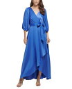 【送料無料】 ダナ キャラン ニューヨーク レディース ワンピース トップス 3/4-Sleeve Belted Faux-Wrap Gown Blue Quartz