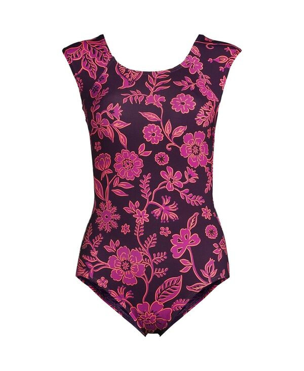 【送料無料】 ランズエンド レディース 上下セット 水着 Women 039 s Long Tummy Control Cap Sleeve X-Back One Piece Swimsuit Blackberry ornate floral