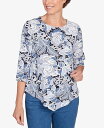 【送料無料】 アルフレッド ダナー レディース シャツ トップス Women 039 s Classic Puff Print Lacey Floral Top with Necklace Navy