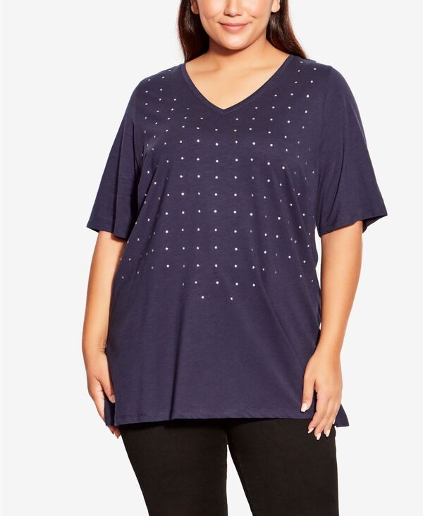 【送料無料】 アベニュー レディース シャツ トップス Plus Size Sparkling Stars Top Navy