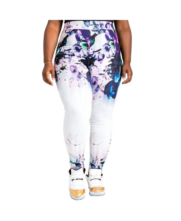 yz |GeBbN WXeBX fB[X MX {gX Women's Plus Size Curvy Fit Active Floral Print Poly Tricot Legging White floral