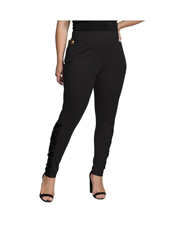 yz X^_[Y Ah vNeBX fB[X MX {gX Women's Plus Size Interlaced Mesh Leggings With Side Pockets Black