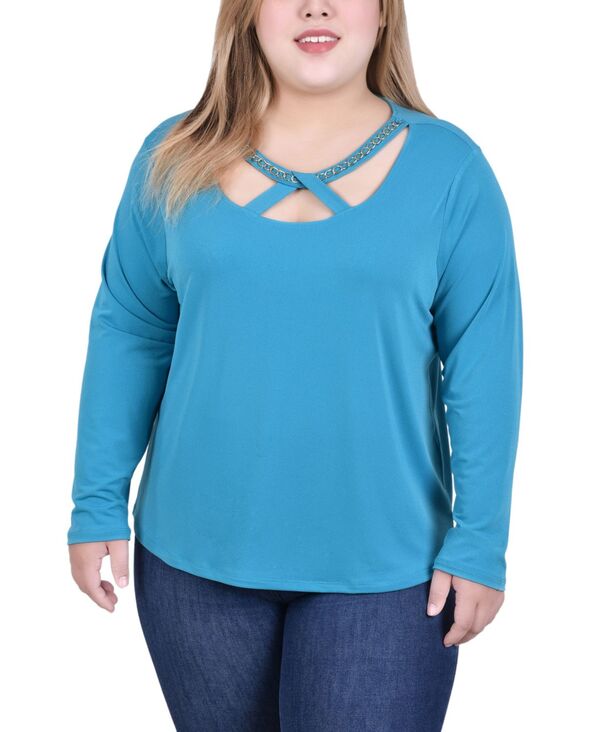 ニューヨークコレクション レディース トップス シャツ プラスサイズ NY Collection Plus Size Long Sleeve Jeweled Neck Top Enamel Blue ブルー