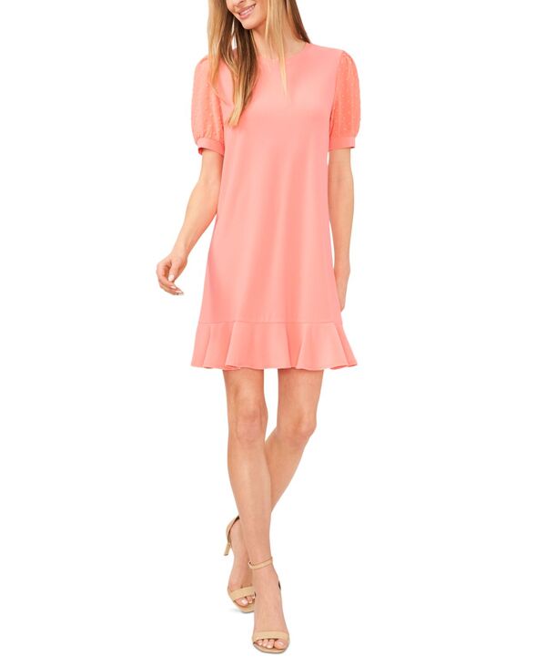 カメオ 【送料無料】 セセ レディース ワンピース トップス Women's Mixed-Media Puffed Clip Dot Sleeve Dress Cameo Coral