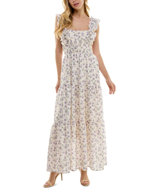 【送料無料】 シティー スタジオ レディース ワンピース トップス Juniors' Floral-Embroidery Tiered Maxi Dress Cream/Purple