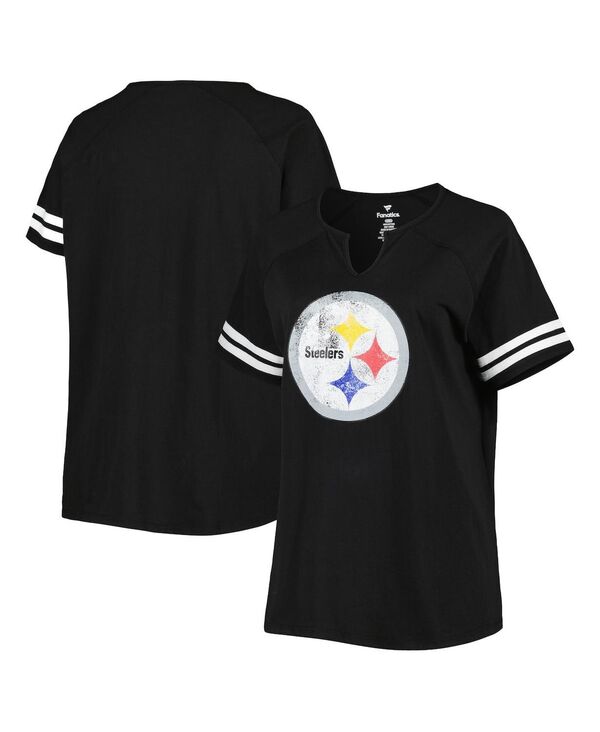 yz t@ieBNX fB[X TVc gbvX Women's Black Pittsburgh Steelers Plus Size Logo Striped Raglan Notch Neck T-shirt Black