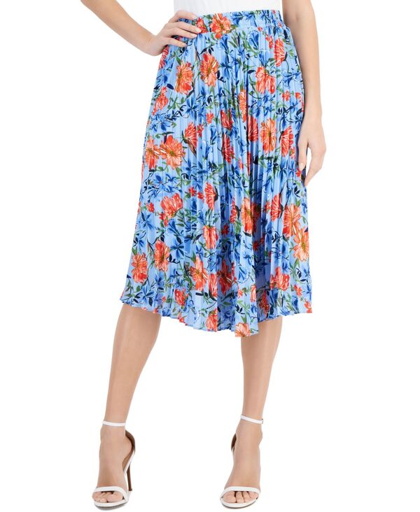 yz eB[E^n fB[X XJ[g {gX Women's Floral Printed Elastic-Waist Pull-On Pleated Midi Skirt Water Garden Blue Print